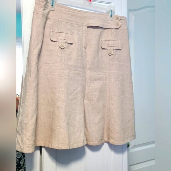 Reitmans Women Linen Beige Cream Taupe Khaki A-Line Lined Midi Summer Skirt - Picture 1 of 8